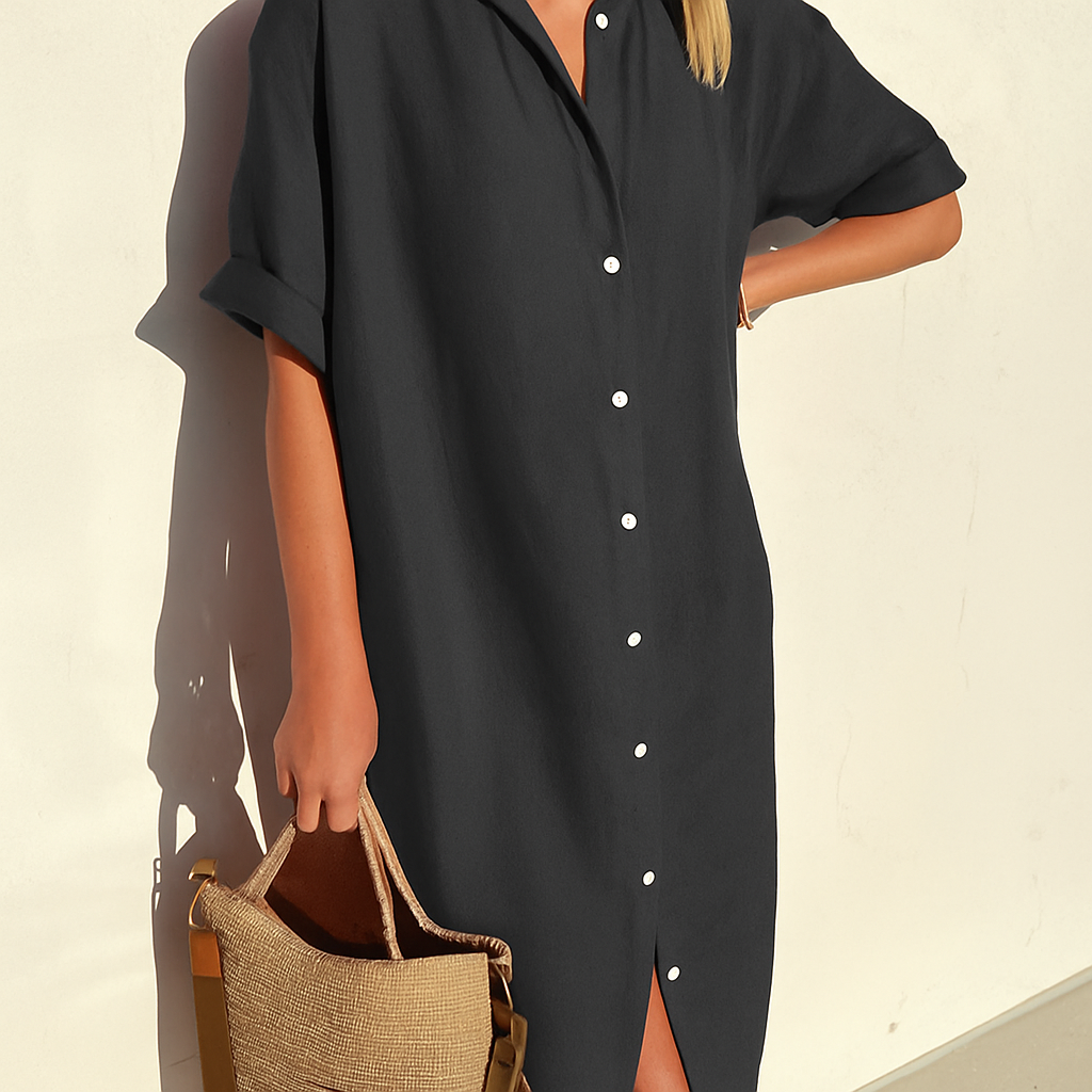 Airy Shirt Dress With Buttons And Short Sleeves For Women