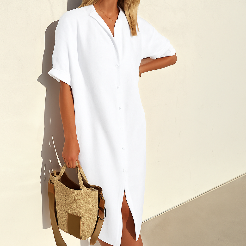 Airy Shirt Dress With Buttons And Short Sleeves For Women