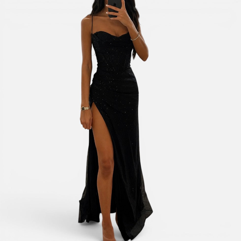 Dames Sprankelende Glitter Maxi Jurk met Split en Bandjes
