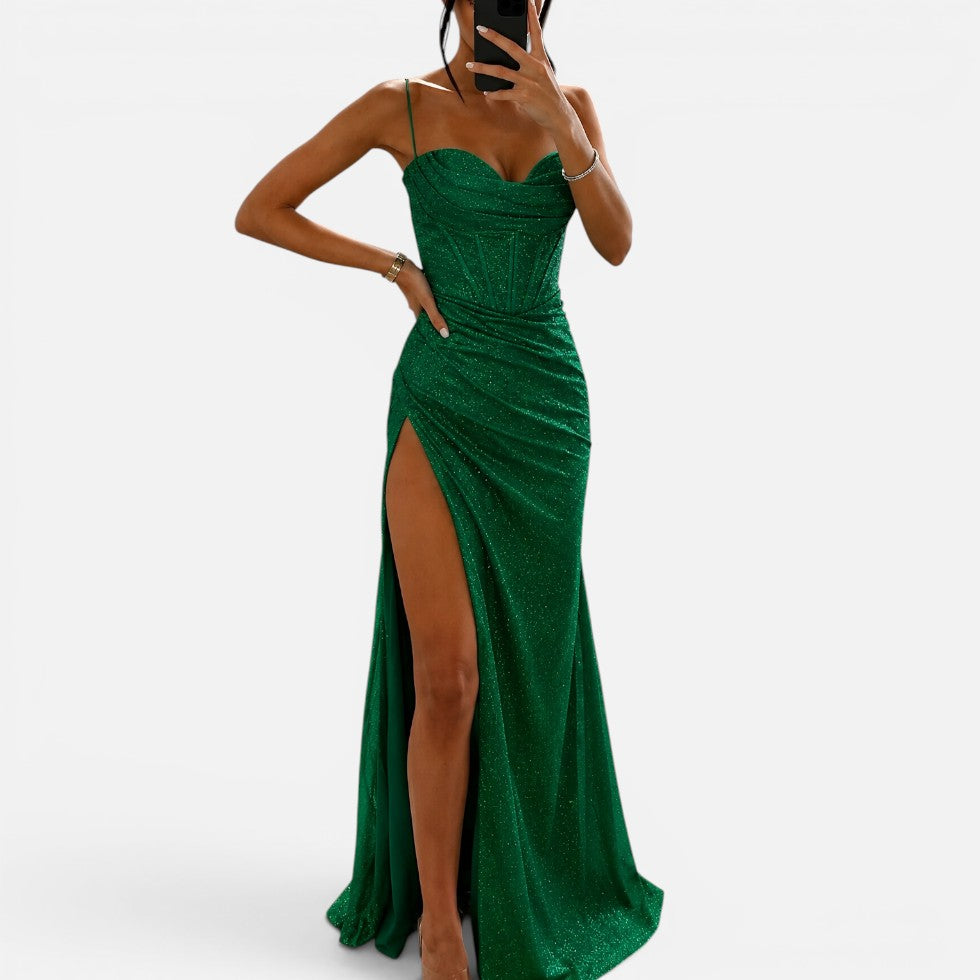 Dames Sprankelende Glitter Maxi Jurk met Split en Bandjes