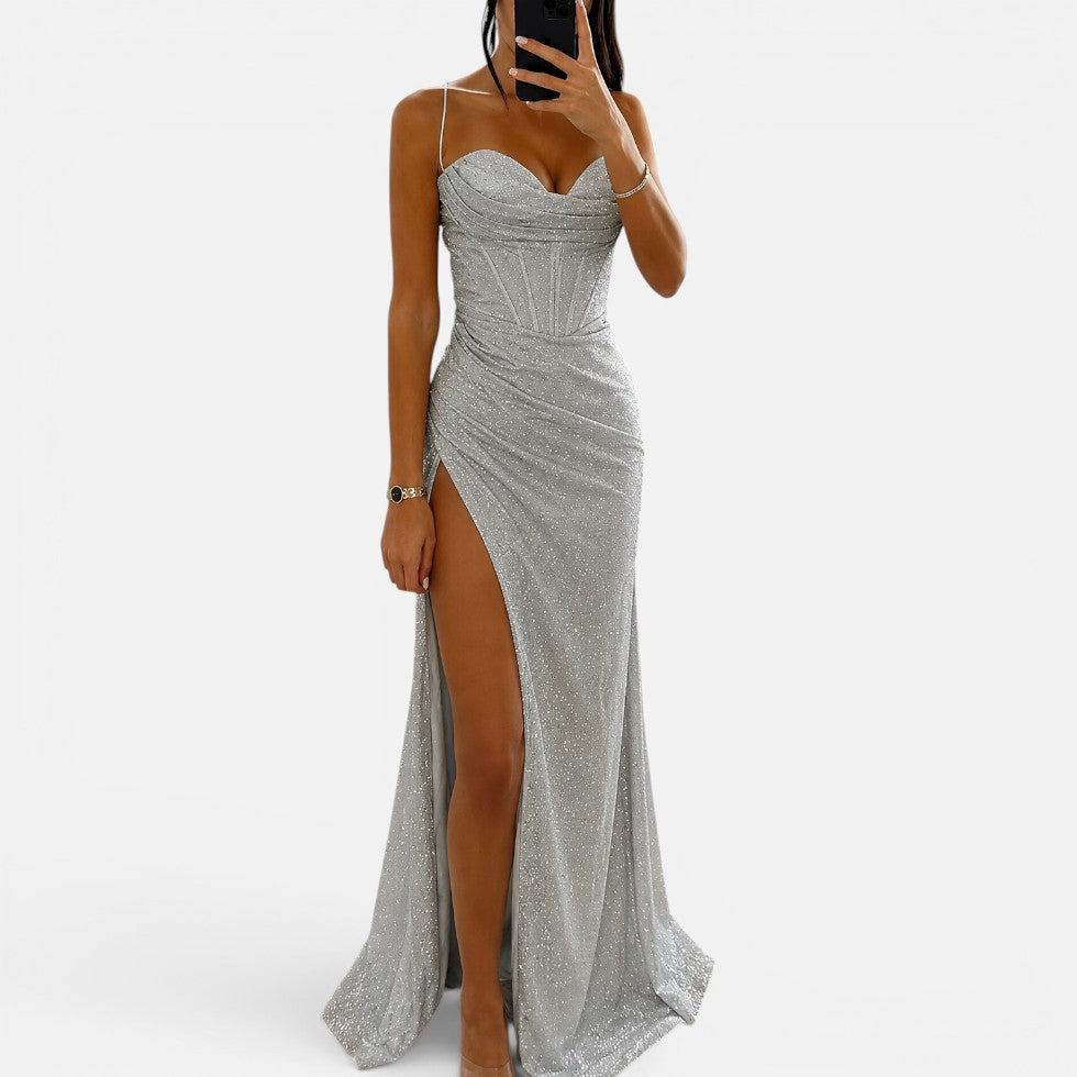 Dames Sprankelende Glitter Maxi Jurk met Split en Bandjes