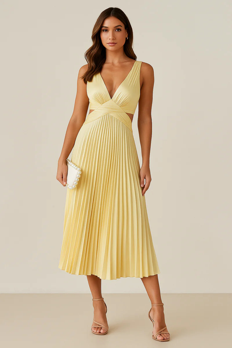 Vrouwen Elegante Plissé Midi Feestjurk met V-hals