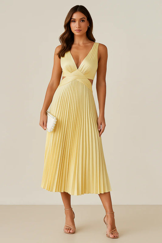 Vrouwen Elegante Plissé Midi Feestjurk met V-hals