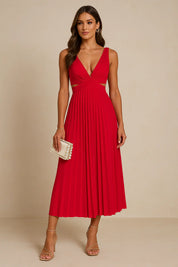 Elegante Plissé Cocktail Jurk met Diepe V-Hals voor Dames