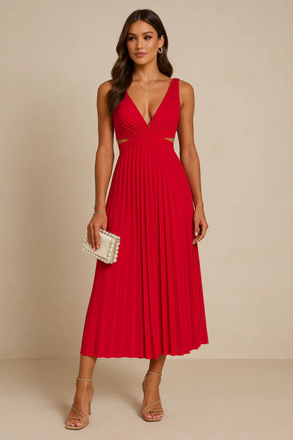 Vrouwen Elegante Plissé Midi Feestjurk met V-hals
