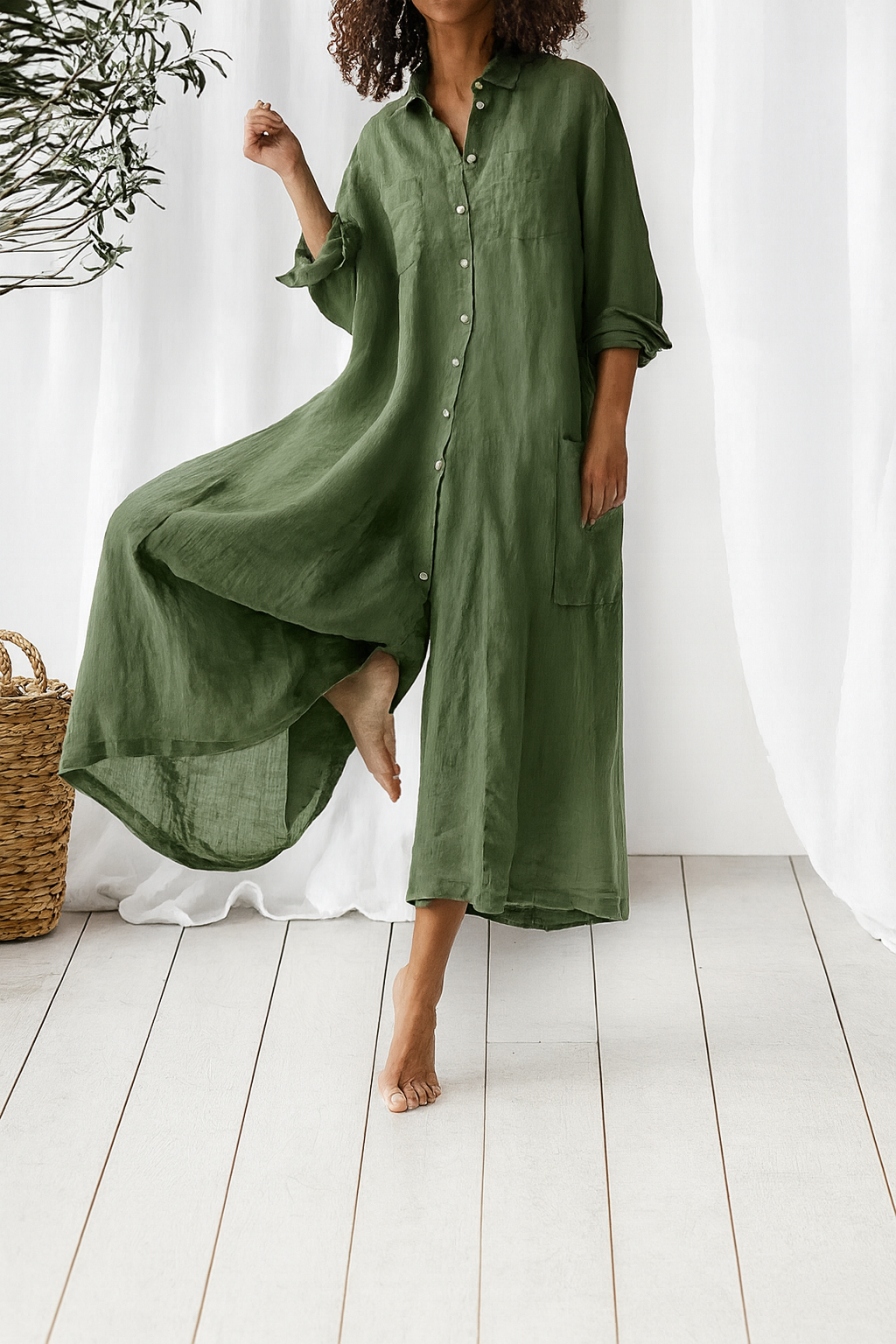 Oversized Dames Zomerse Jumpsuit Met Knoopsluiting En Wijde Pijpen