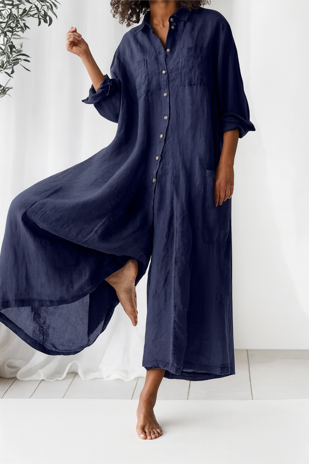 Oversized Dames Zomerse Jumpsuit Met Knoopsluiting En Wijde Pijpen