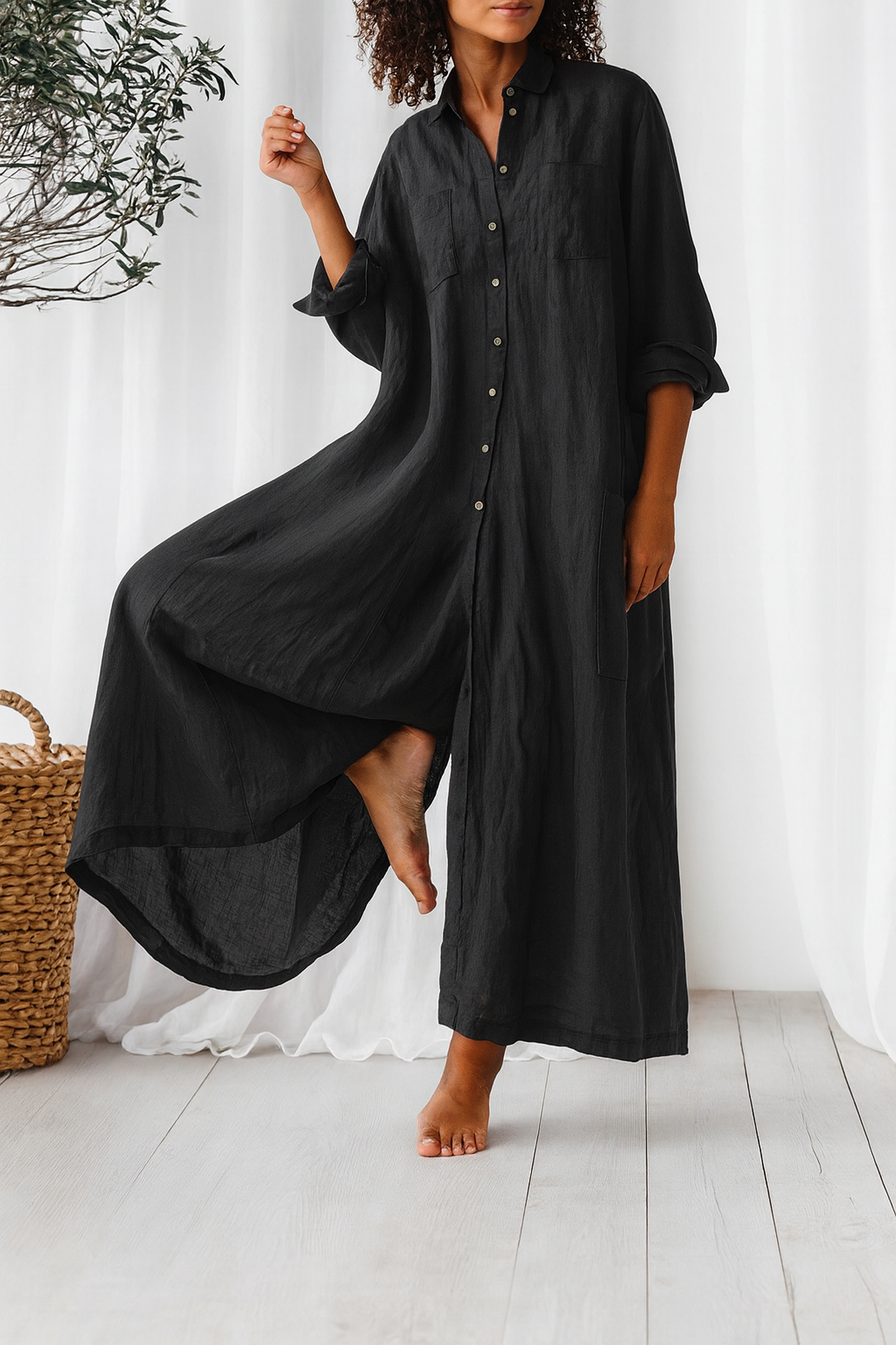Oversized Dames Zomerse Jumpsuit Met Knoopsluiting En Wijde Pijpen