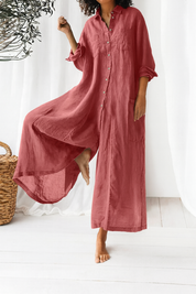 Oversized Dames Zomerse Jumpsuit Met Knoopsluiting En Wijde Pijpen