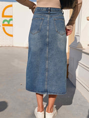 Women's High-Waisted Midi Denim Skirt with Slit