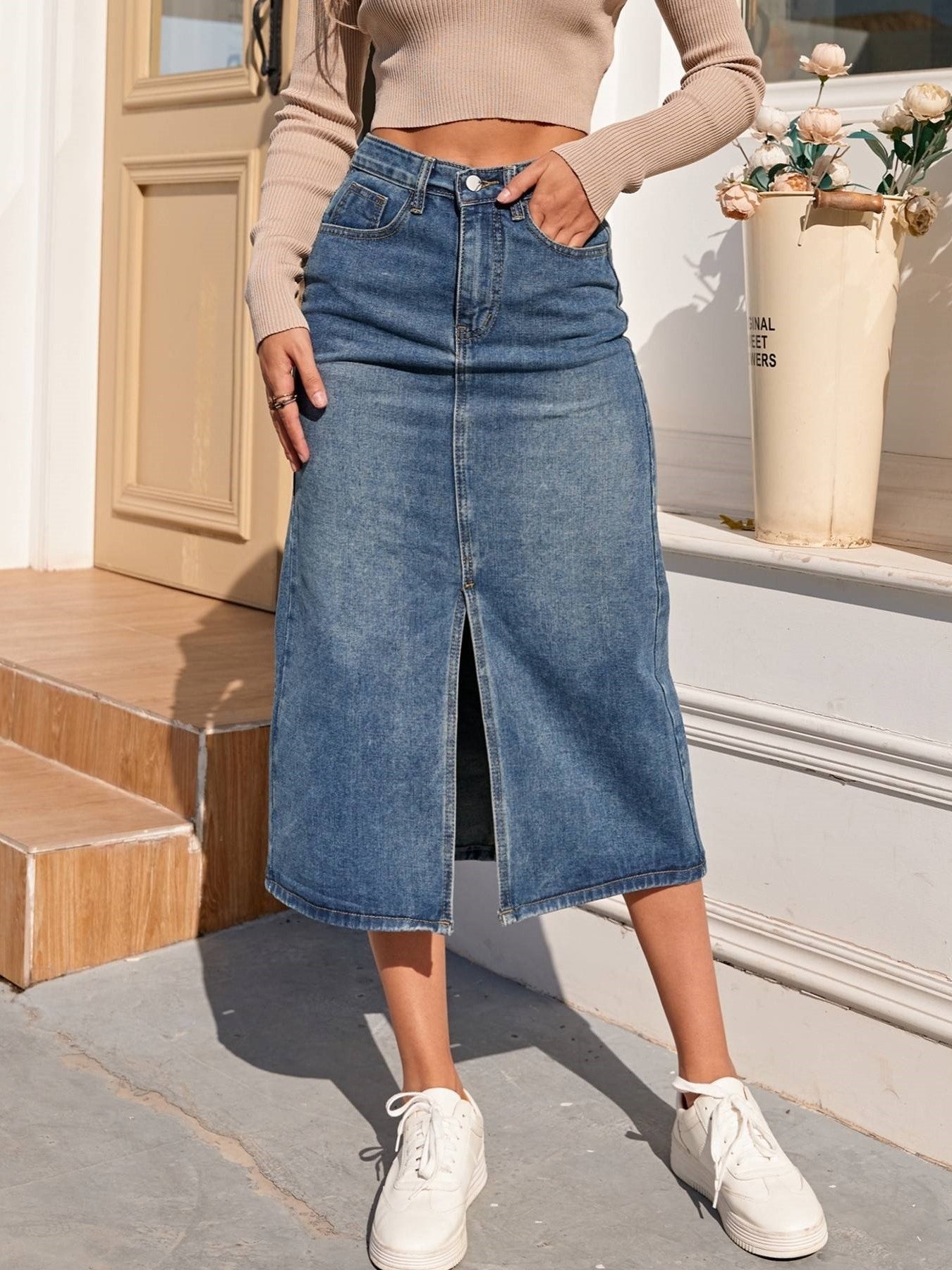 Women's High-Waisted Midi Denim Skirt with Slit