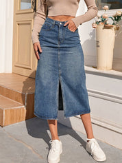 Women's High-Waisted Midi Denim Skirt with Slit