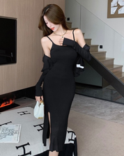 Trendy Fitted Midi Dress Set for Women with Short Vest and Slit