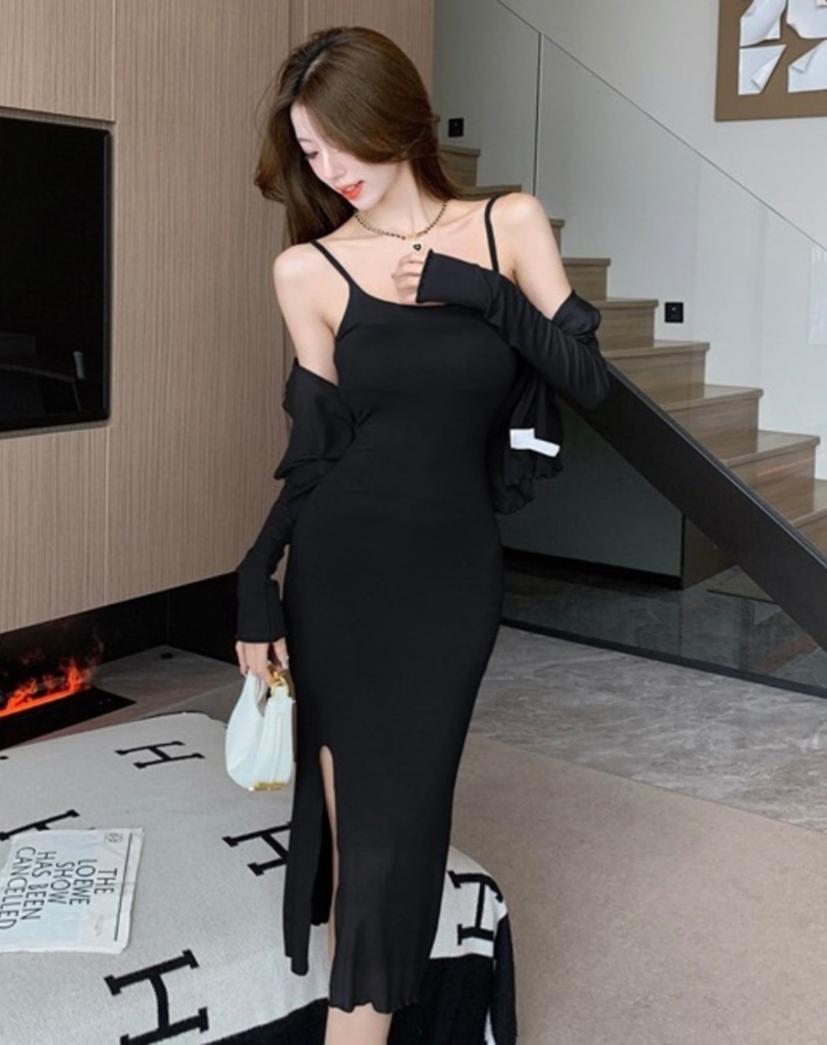 Trendy Fitted Midi Dress Set for Women with Short Vest and Slit