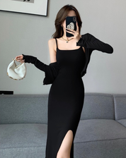 Trendy Fitted Midi Dress Set for Women with Short Vest and Slit