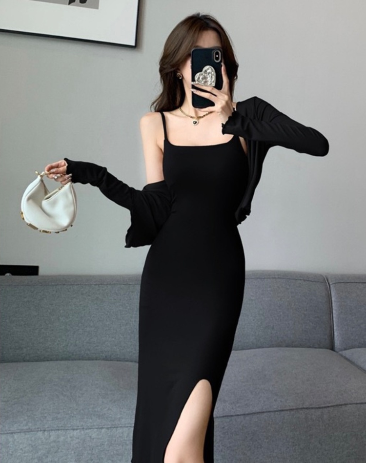 Trendy Fitted Midi Dress Set for Women with Short Vest and Slit