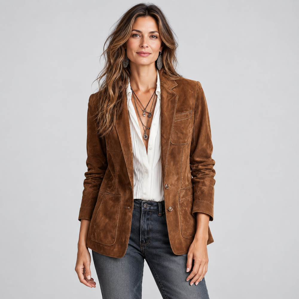 Dames Verfijnde Suède Blazer met Knoopsluiting en Revers