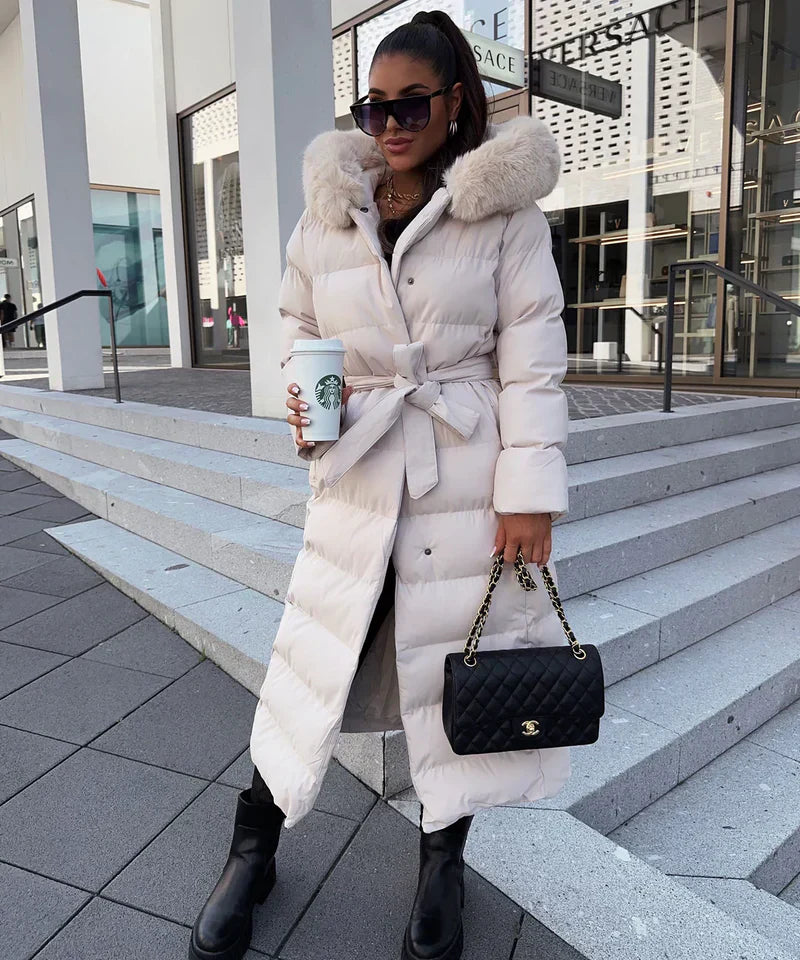 Lange Puffer Winterjas met Capuchon en Bontkraag voor Vrouwen