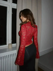 Kanten Top Met Diepe V Hals En Lange Mouwen