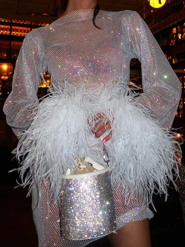 Glitter Sequin Women's Mini Cocktail Dress with Feather Sleeves