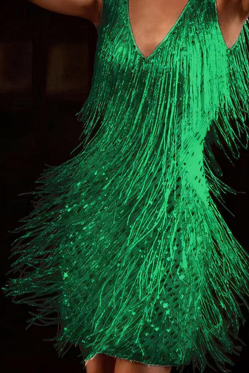 Esmée - Iriserende mini cocktailjurk met kwastjes en glitters