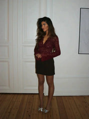 Kanten Top Met Diepe V Hals En Lange Mouwen