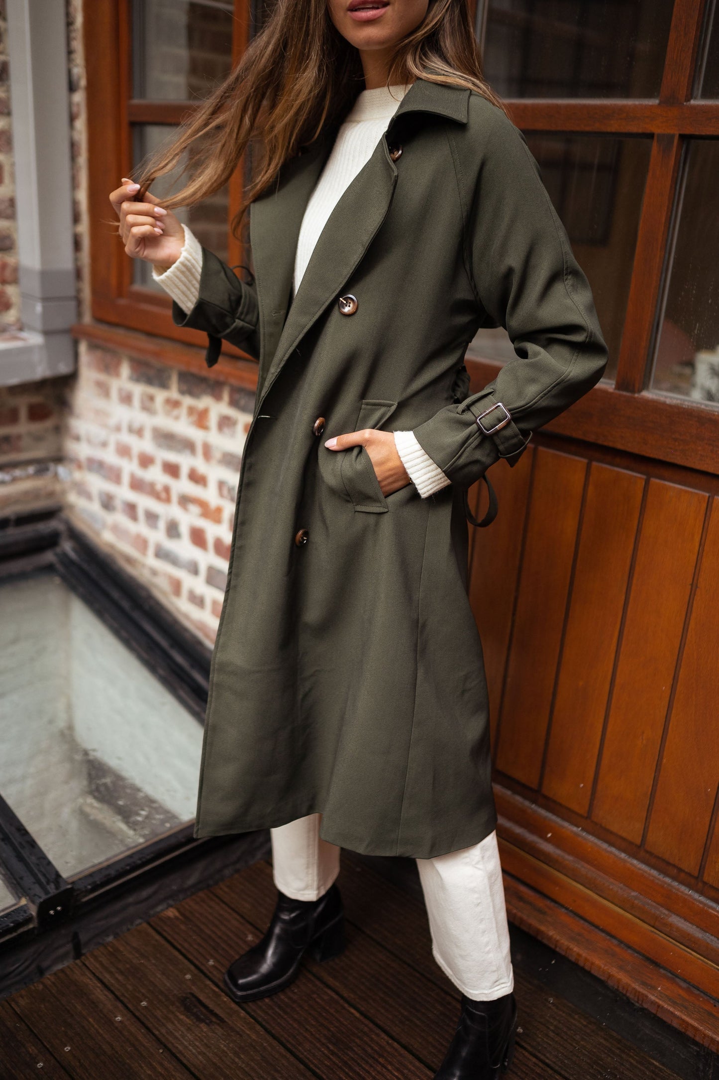 Elegante Vrouwen Midi Trenchcoat Dubbelrijig met Ceintuur