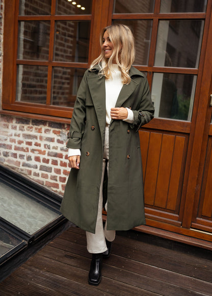 Elegante Vrouwen Midi Trenchcoat Dubbelrijig met Ceintuur