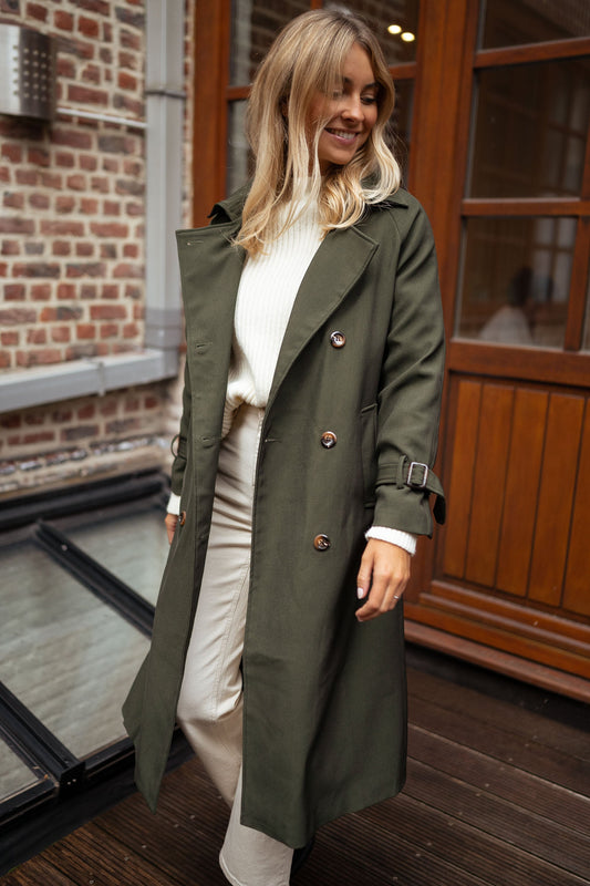 Elegante Vrouwen Midi Trenchcoat Dubbelrijig met Ceintuur