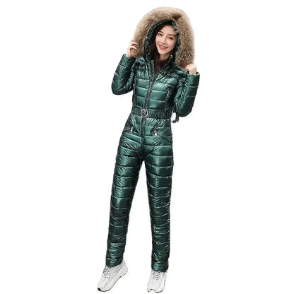 Dames Gewatteerde Winter Jumpsuit met Capuchon en Tailleceintuur