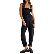 Denim Overalls with Straight Legs and Pockets for Women