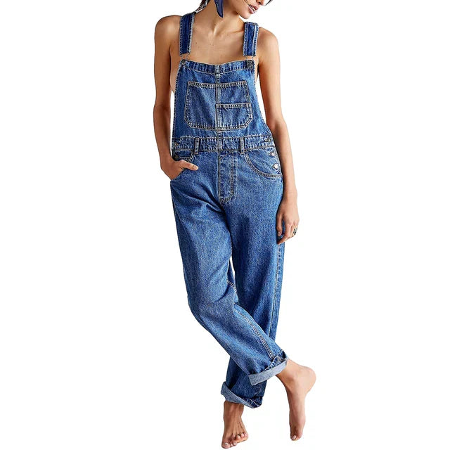 Denim Overalls with Straight Legs and Pockets for Women