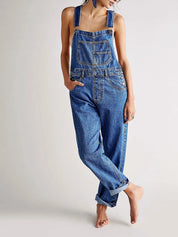 Denim Overalls with Straight Legs and Pockets for Women