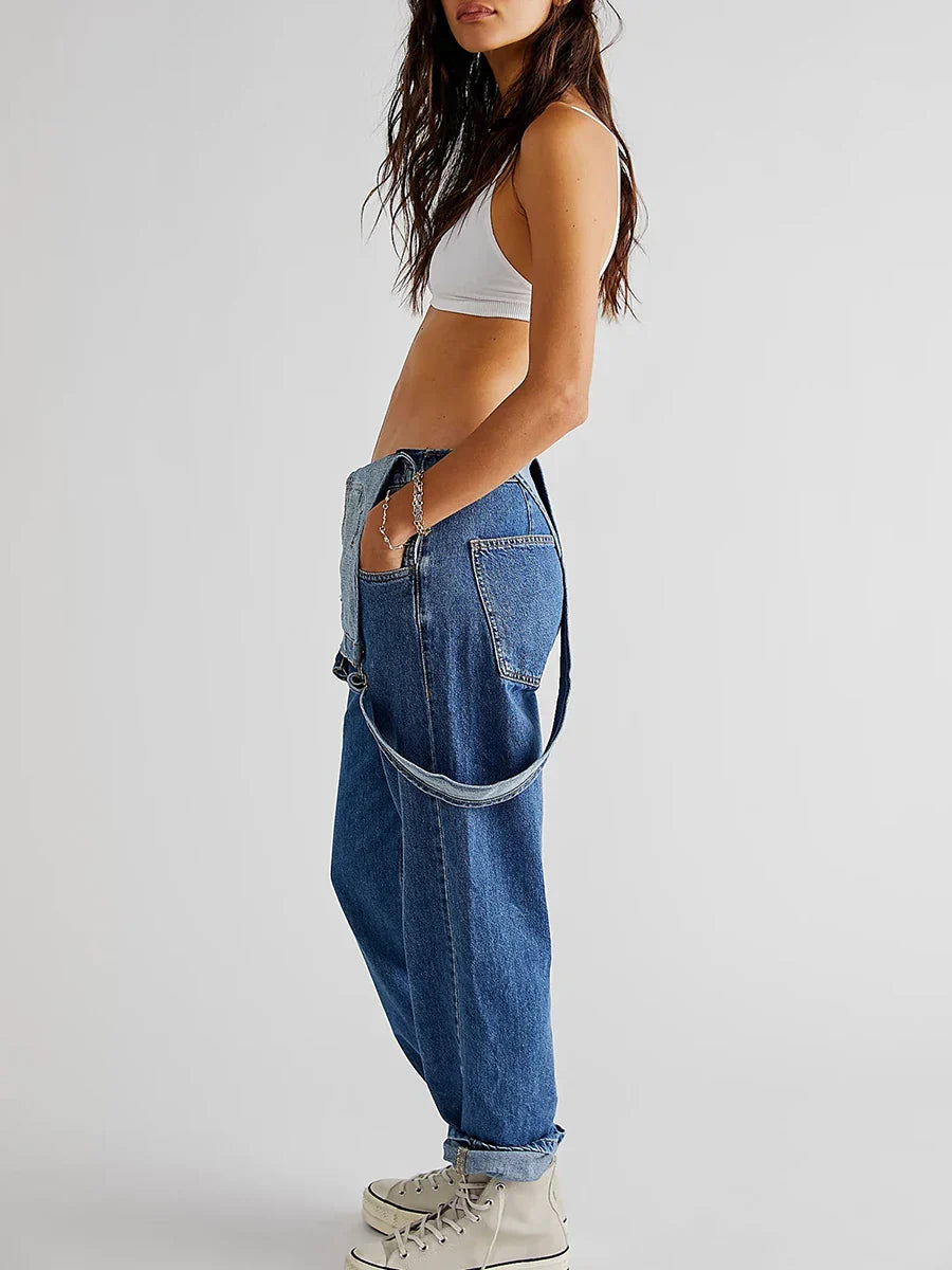 Denim Overalls with Straight Legs and Pockets for Women
