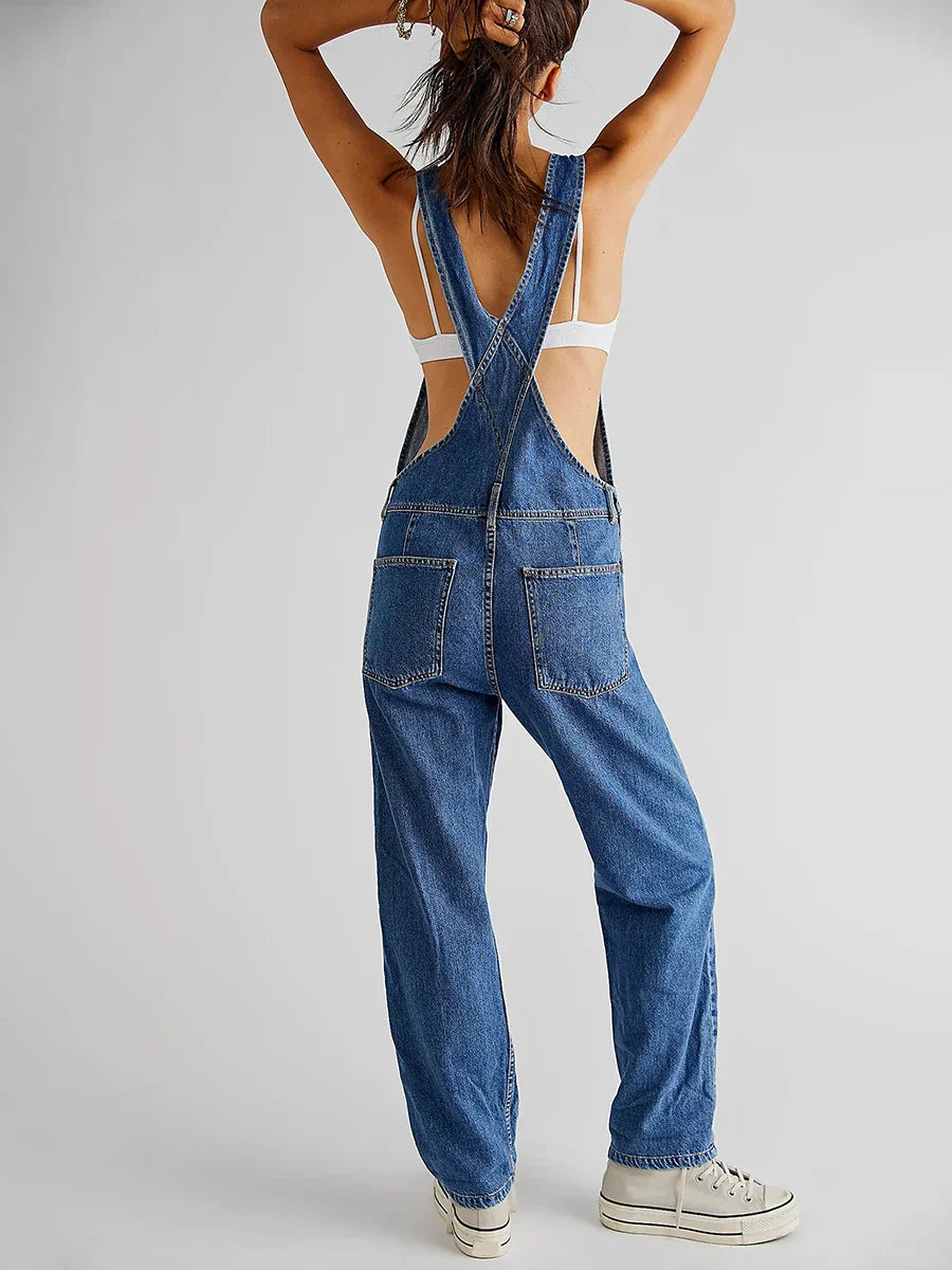 Denim Overalls with Straight Legs and Pockets for Women