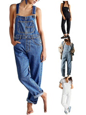 Denim Overalls with Straight Legs and Pockets for Women