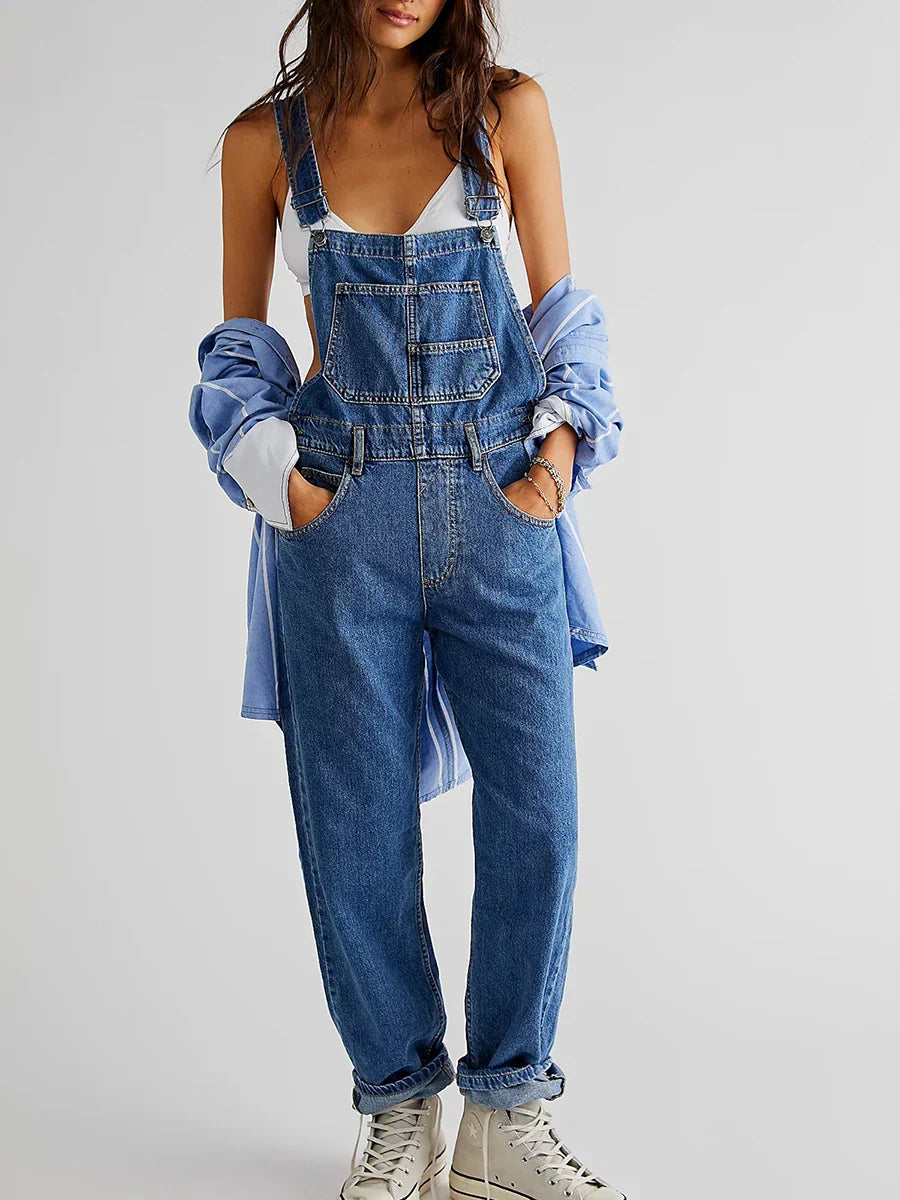 Denim Overalls with Straight Legs and Pockets for Women