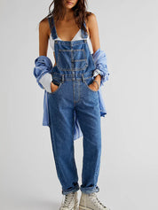 Denim Overalls with Straight Legs and Pockets for Women