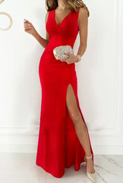 Gala avondjurk maxi met v hals en hoge split voor dames