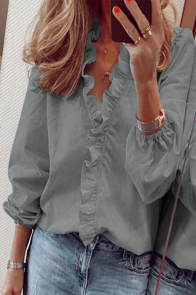 Elegante Blouse met Ruches V Hals Lange Mouw voor Vrouwen