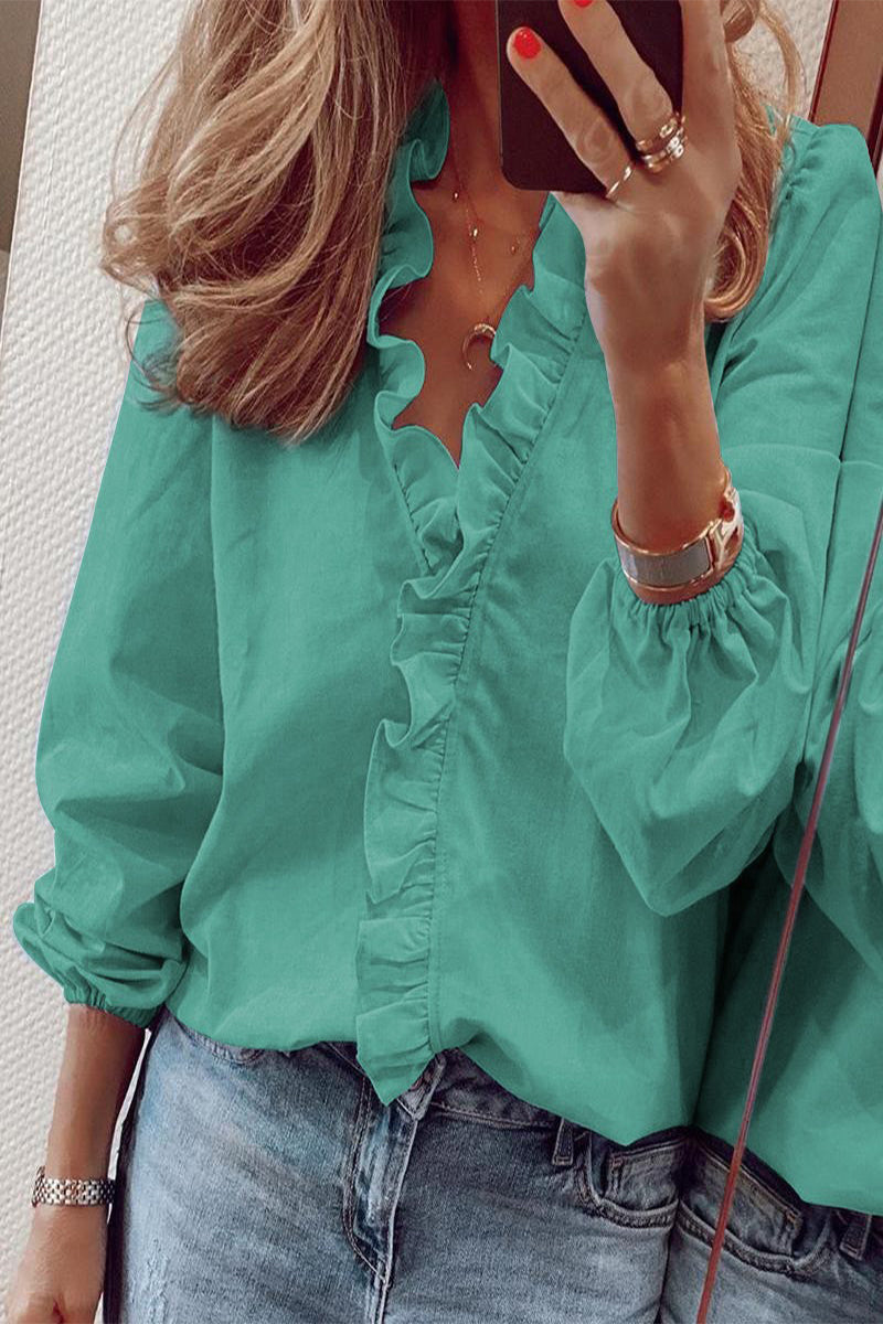 Elegante Blouse met Ruches V Hals Lange Mouw voor Vrouwen