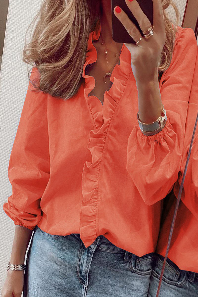 Elegante Blouse met Ruches V Hals Lange Mouw voor Vrouwen