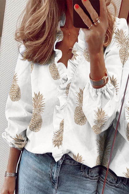 Elegante Blouse met Ruches V Hals Lange Mouw voor Vrouwen