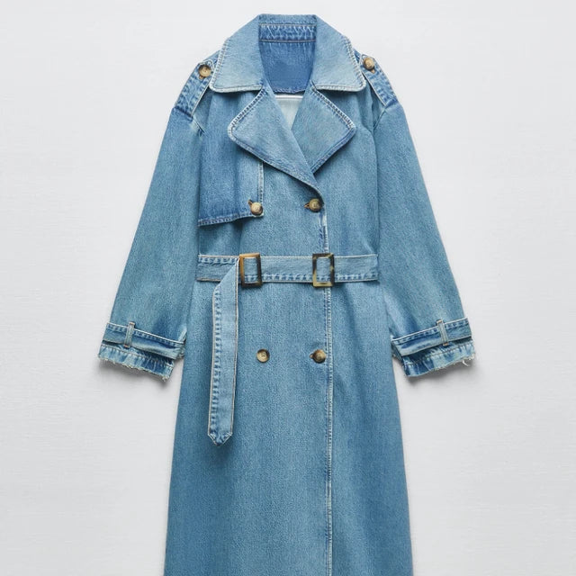 Dames Oversized Denim Trenchcoat Dubbelrijig met Ceintuur