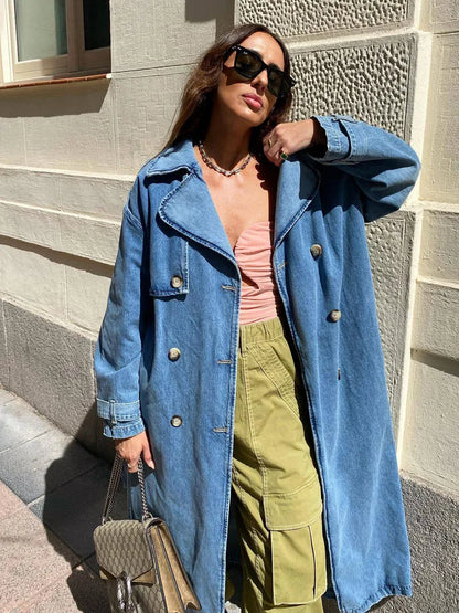 Dames Oversized Denim Trenchcoat Dubbelrijig met Ceintuur