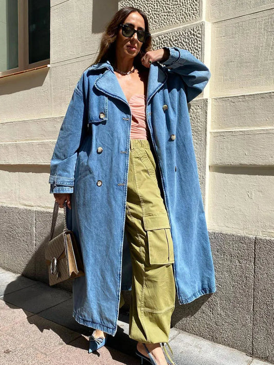 Dames Oversized Denim Trenchcoat Dubbelrijig met Ceintuur