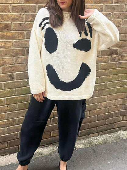 Dames Gebreide Wintertrui met Smiley Print Oversized Pullover