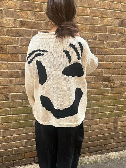 Dames Gebreide Wintertrui met Smiley Print Oversized Pullover