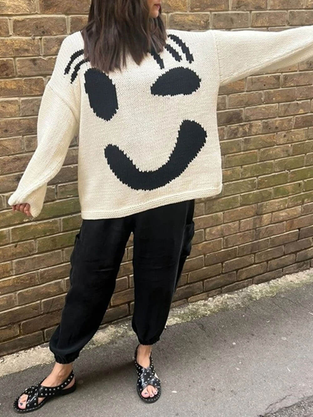 Dames Gebreide Wintertrui met Smiley Print Oversized Pullover