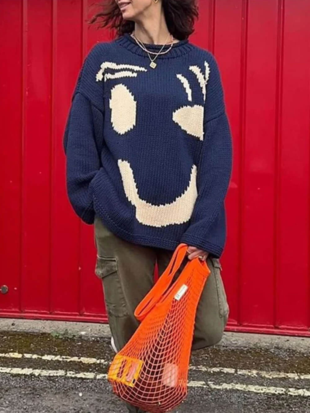 Dames Gebreide Wintertrui met Smiley Print Oversized Pullover